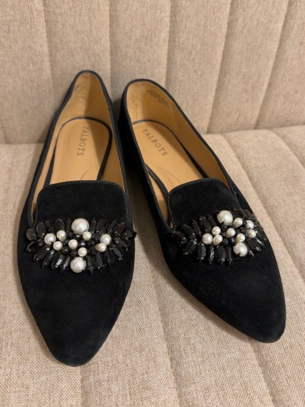 Talbots Black Suede Jeweled Pearl Pointed Toe Loafers Flats 7.5